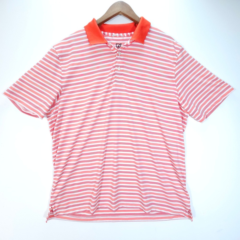 Cutter & Buck Polo Mens XL‎ Orange White Stripe Y2K Golf Shirt CB DryTec UPF 50+